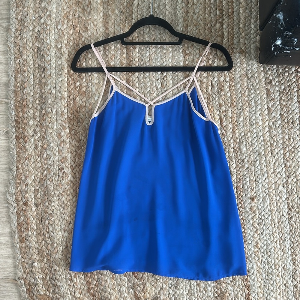 Blue flowy tank with adjustable straps
